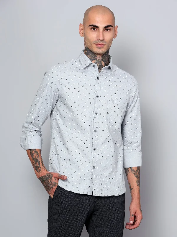 men's high-performance office shirts -Men's Light Grey Casual Floral Ditsy Print Full Sleeve Shirt