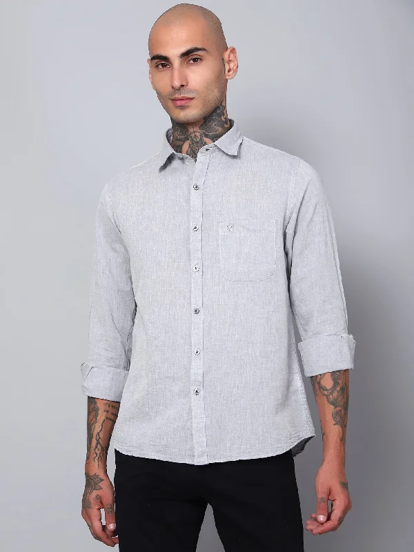 men's office button-up shirts -Men's Light Grey Casual Plain Full Sleeve Shirt