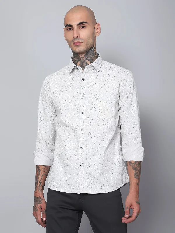 men's relaxed fit shirts -Men's Light Grey Casual Abstract Ditsy Print Full Sleeve Shirt