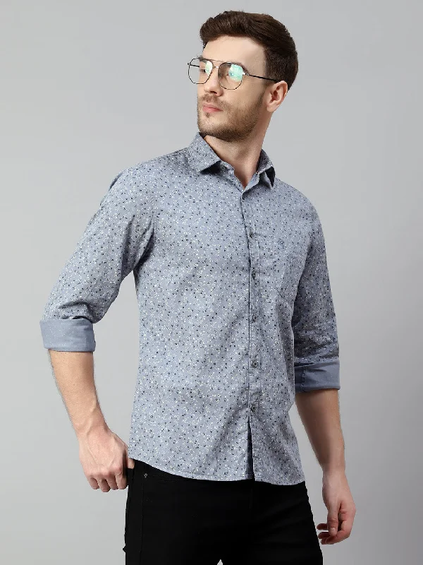 men's casual shirts -Men's Light Grey Casual Floral Print Full Sleeve Shirt