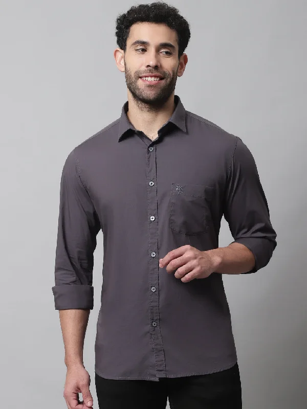 men's comfortable work shirts -Men's Dark Grey Casual Plain Stretch Full Sleeve Shirt