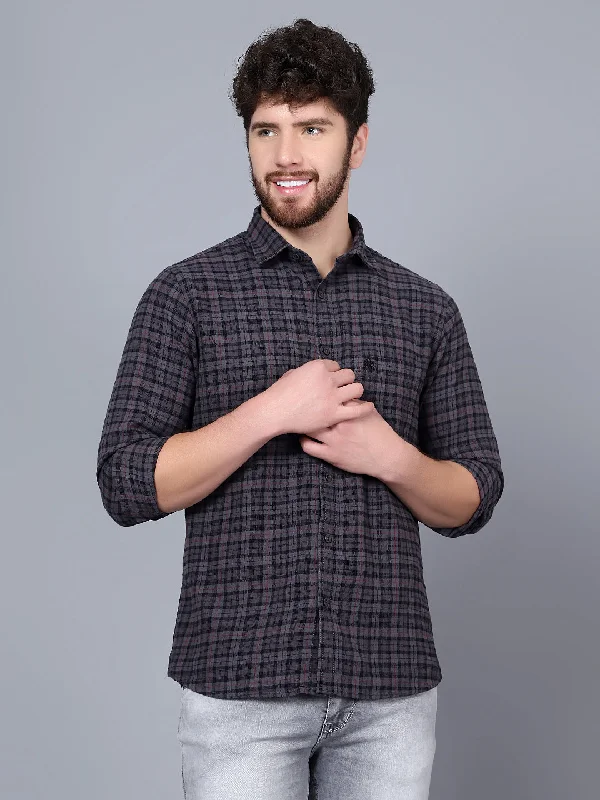 men's premium fabric shirts -Men's Grey Casual Big Checks Full Sleeve Shirt