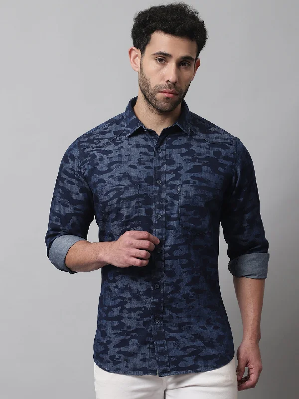 men's button-up shirts -Men's Dark Blue Casual Camouflage Denim Print Full Sleeve Shirt