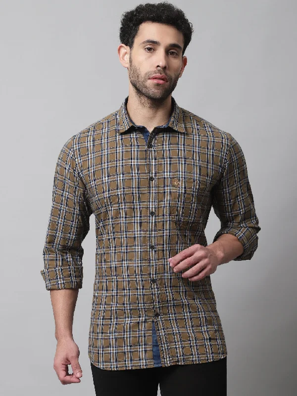 men's short-sleeve shirts -Men's Khaki Casual Medium Checks Full Sleeve Shirt