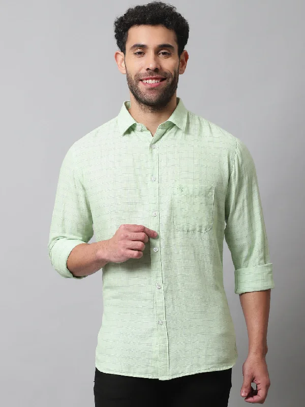 men's stylish short-sleeve shirts -Men's Light Green Casual Small Checks Full Sleeve Shirt