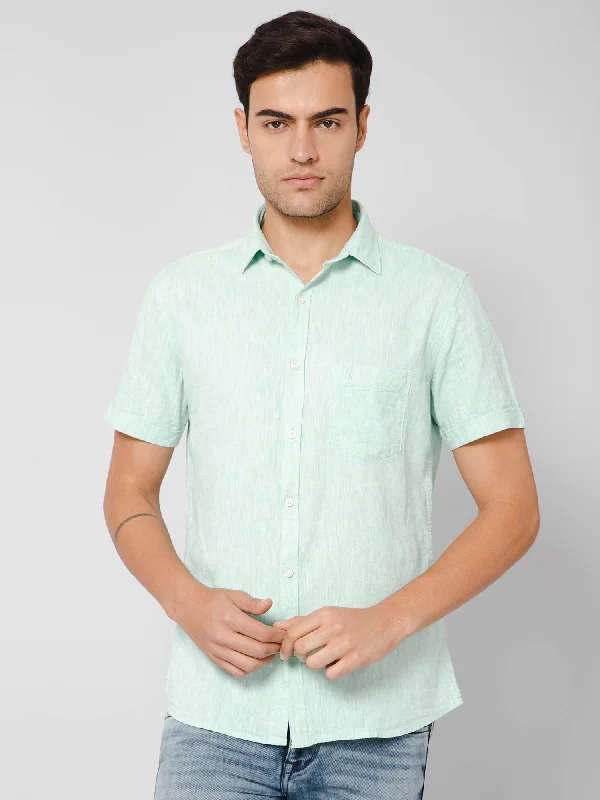 men's checkered shirts -Men's Light Green Casual Plain Half Sleeve Shirt