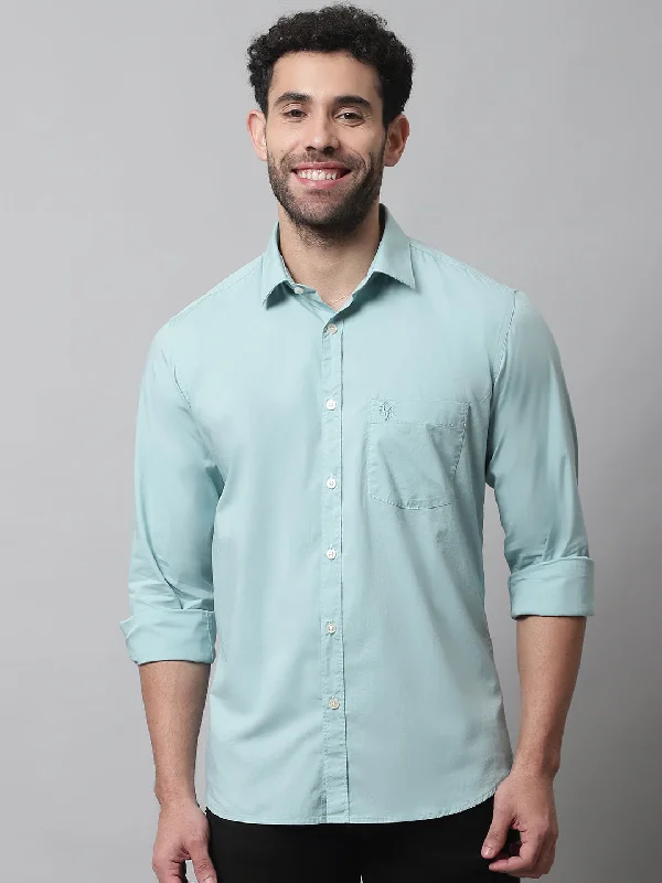 men's fashion-forward shirts -Men's Light Green Casual Plain Stretch Full Sleeve Shirt