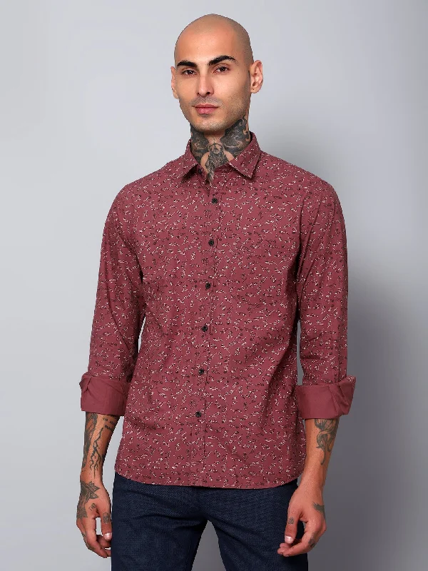 men's classic short-sleeve shirts -Men's Maroon Casual Floral Print Full Sleeve Shirt