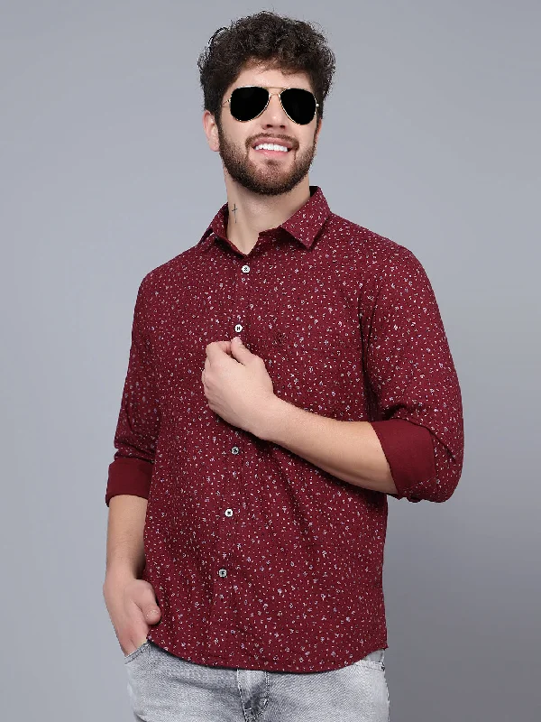 men's dress shirts for work -Men's Maroon Casual Floral Print Full Sleeve Shirt