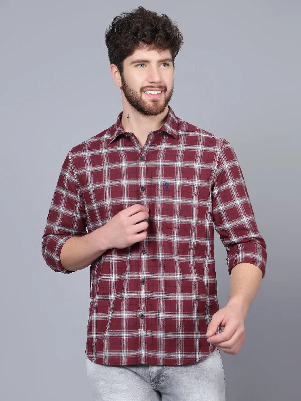 men's cotton-blend shirts -Men's Maroon Casual Medium Checks Full Sleeve Shirt