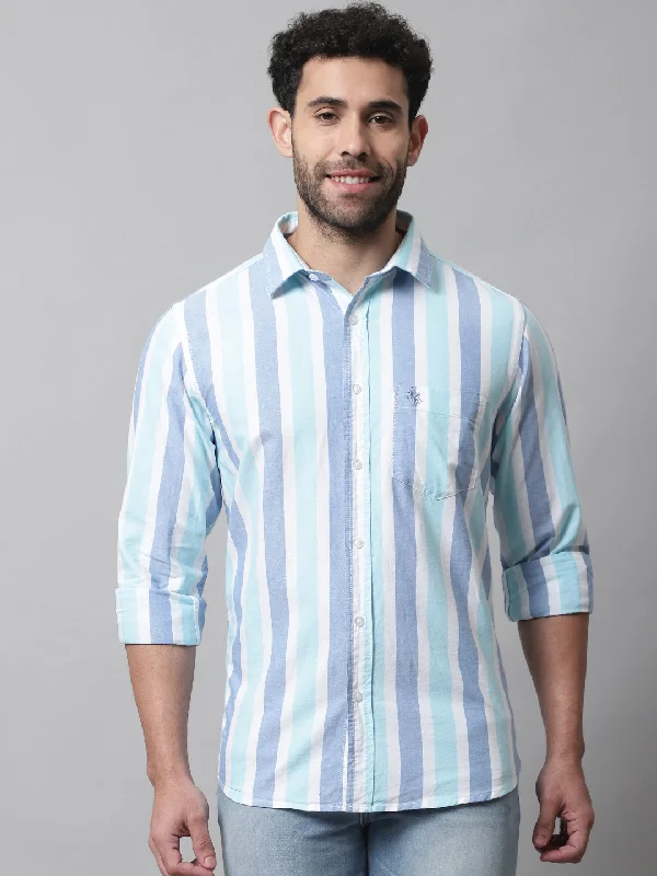 men's patterned button-down shirts -Men's Mint Blue Casual Broad Stripe Full Sleeve Shirt