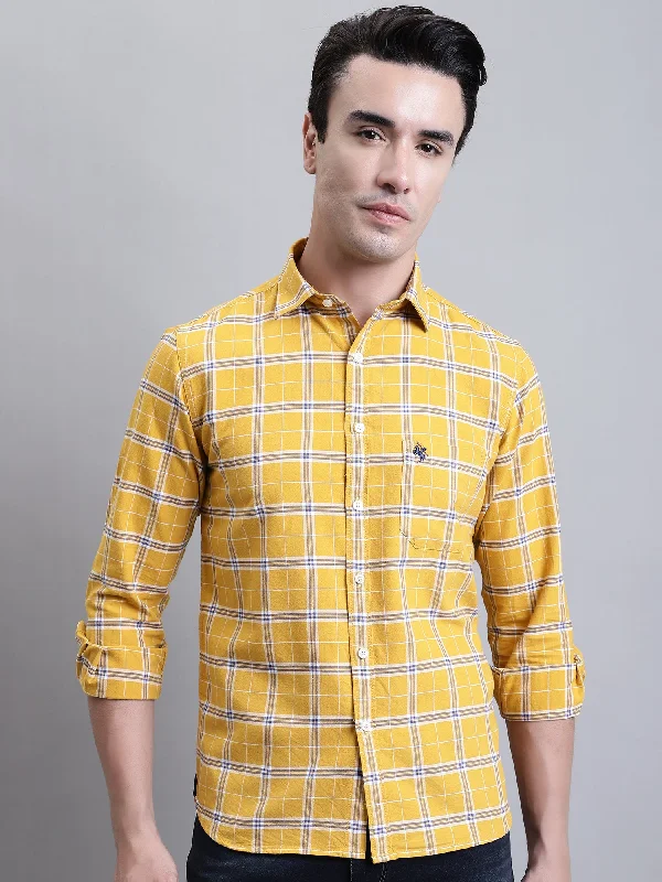 men's business shirts for work -Men's Mustard Casual Medium Checks Full Sleeve Shirt