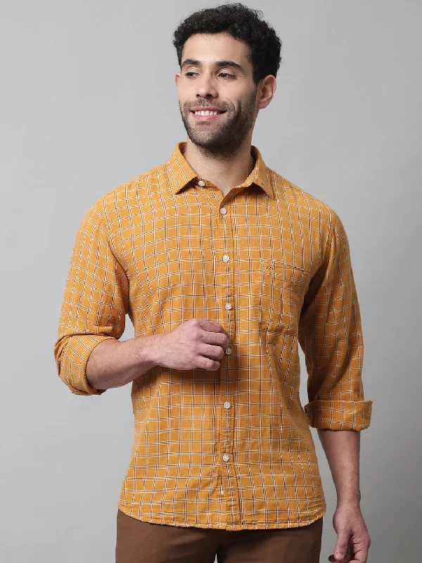 men's slim-fit dress shirts -Men's Mustard Casual Medium Checks Full Sleeve Shirt