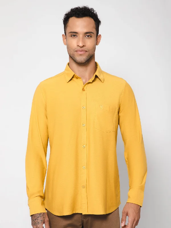 men's patterned button-down shirts -Men's Mustard Casual Knit Self Textured Full Sleeve Shirt