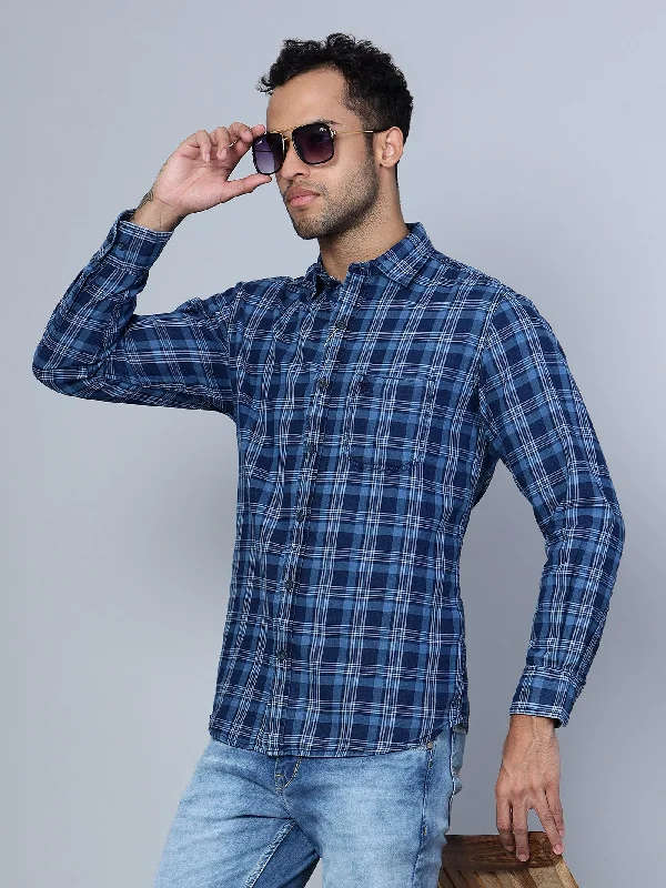 men's lightweight formal shirts -Men's Navy Blue Casual Medium Checks Full Sleeve Shirt