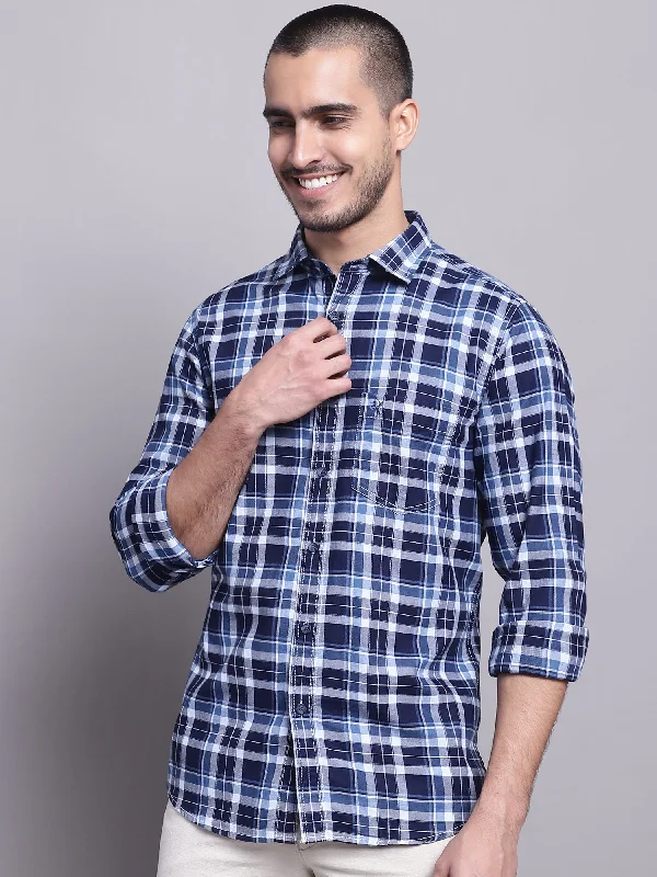 men's summer shirts -Men's Navy Blue Casual Big Checks Full Sleeve Shirt