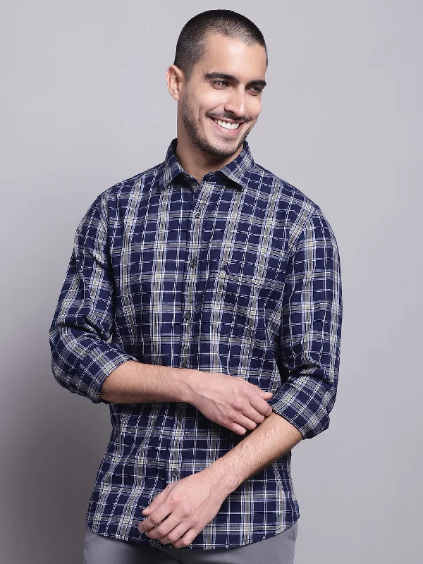 men's plaid shirts -Men's Navy Blue Casual Big Checks Full Sleeve Shirt