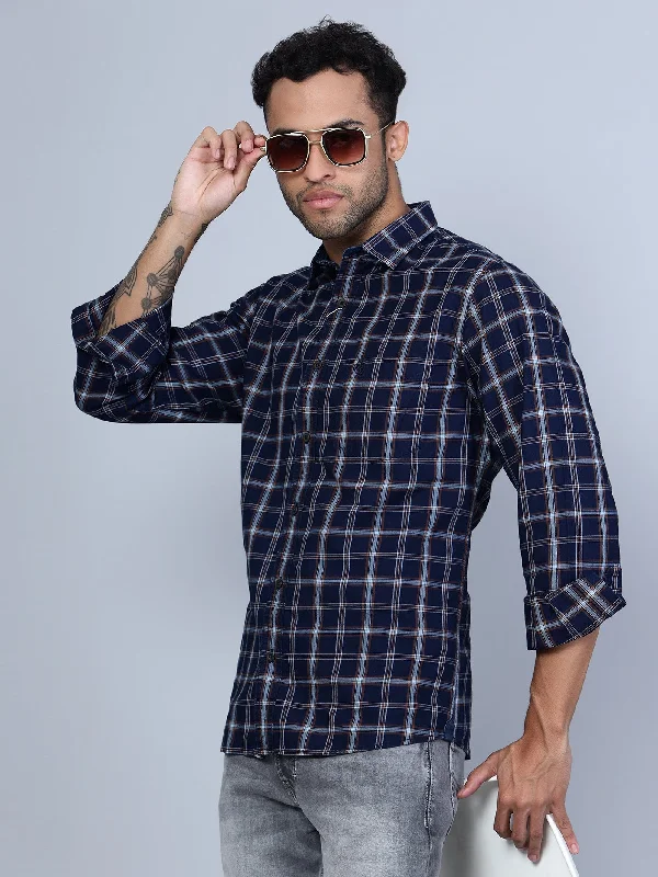 men's basic button-up shirts -Men's Navy Blue Casual Big Checks Full Sleeve Shirt