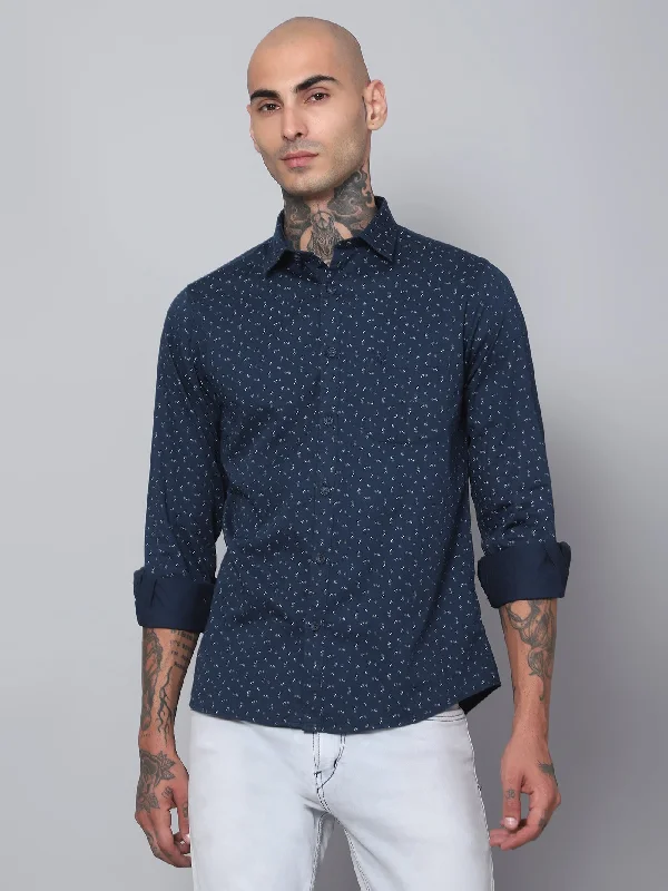 men's office-friendly shirts -Men's Navy Blue Casual Ditsy Print Full Sleeve Shirt