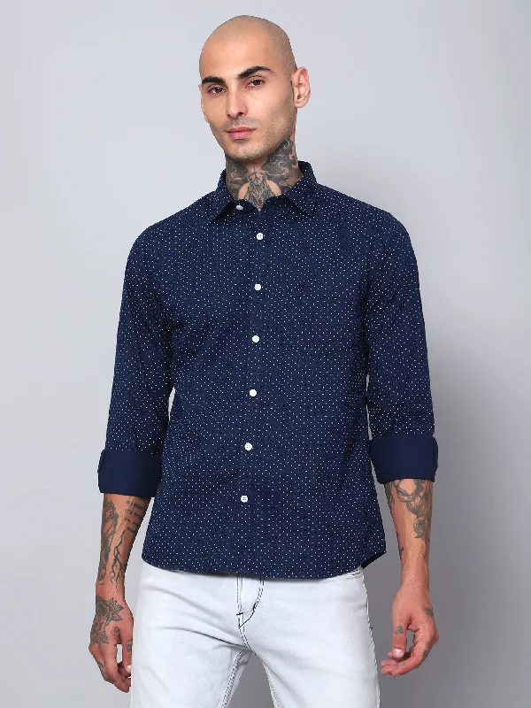 men's performance shirts -Men's Navy Blue Casual Dot Print Full Sleeve Shirt