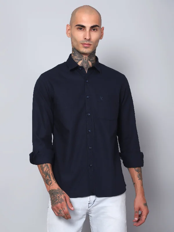 men's luxury shirts -Men's Navy Blue Casual Self Textured Full Sleeve Shirt