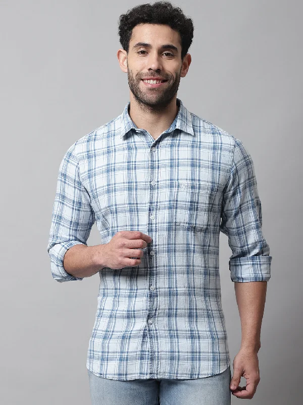 men's checkered formal shirts -Men's Navy Blue Casual Big Checks Full Sleeve Shirt