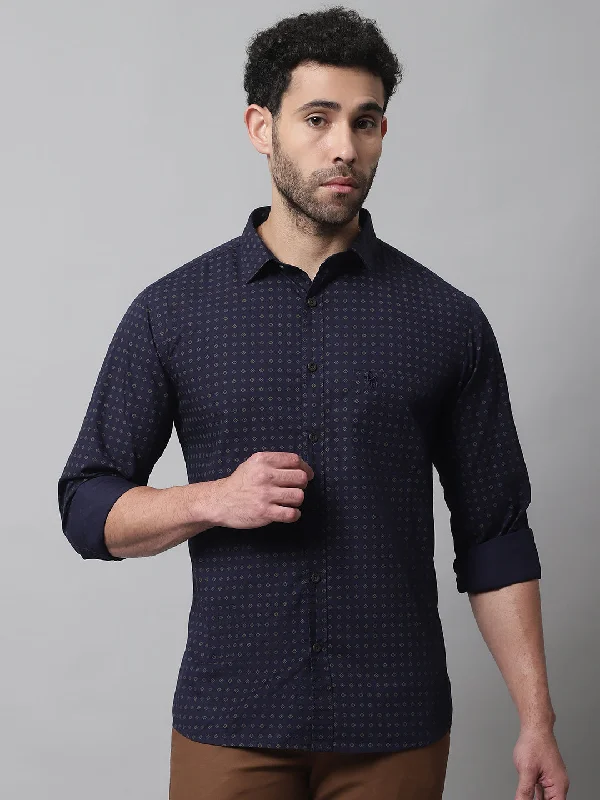 men's linen shirts -Men's Navy Blue Casual Geometric Print Full Sleeve Shirt