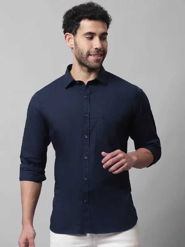 men's stylish business shirts -Men's Navy Blue Casual Plain Stretch Full Sleeve Shirt