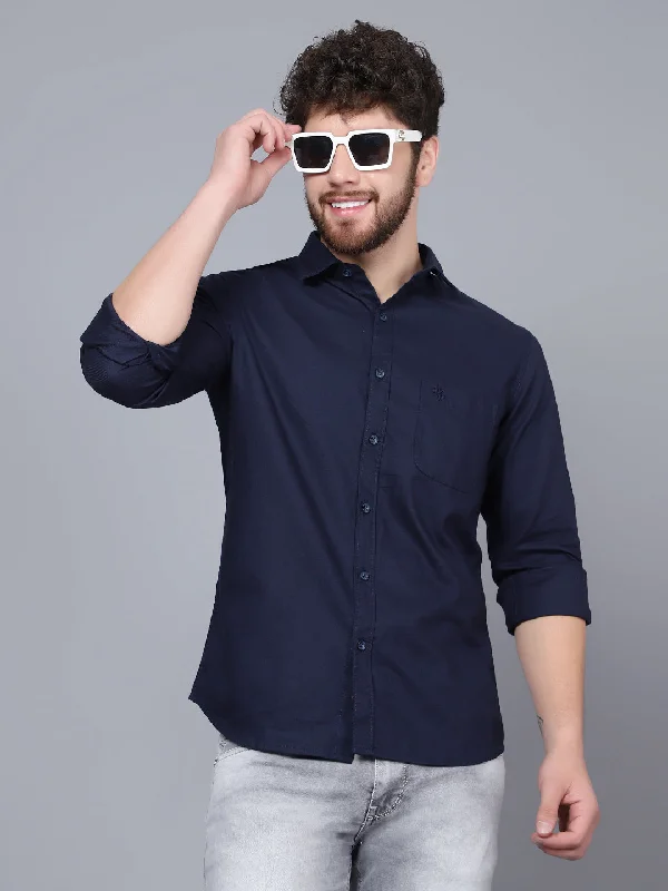 men's stylish office shirts -Men's Navy Blue Casual Self Textured Full Sleeve Shirt