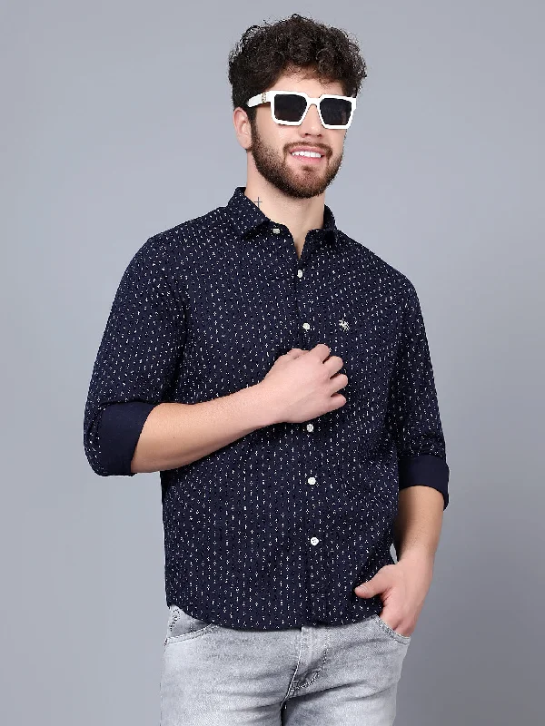 men's comfortable work shirts -Men's Navy Blue Casual Ditsy Print Full Sleeve Shirt