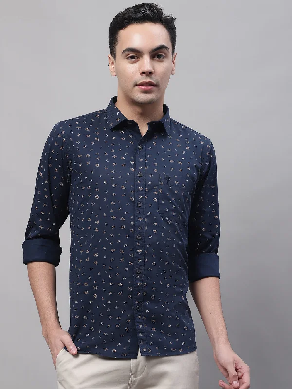 men's office shirts -Men's Navy Blue Casual Abstract Print Full Sleeve Shirt