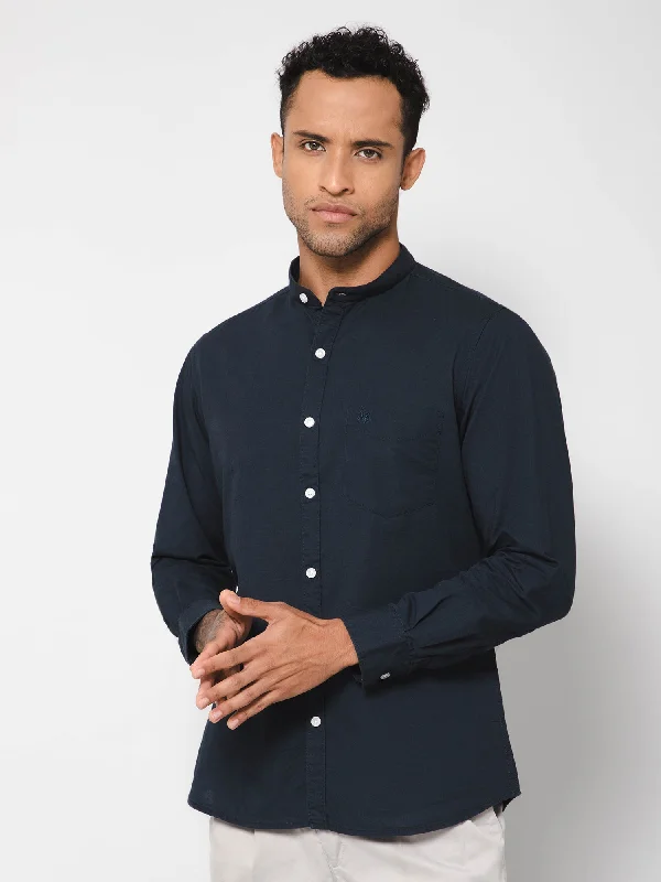 men's formal office shirts -Men's Navy Blue Casual Plain Full Sleeve Shirt