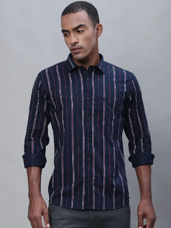 men's custom-tailored shirts -Men's Navy Blue Casual Narrow Stripe Full Sleeve Shirt