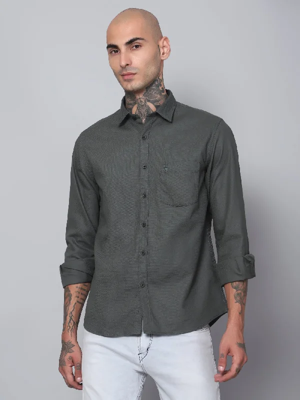 men's comfortable dress shirts -Men's Dark Olive Green Casual Plain Full Sleeve Shirt