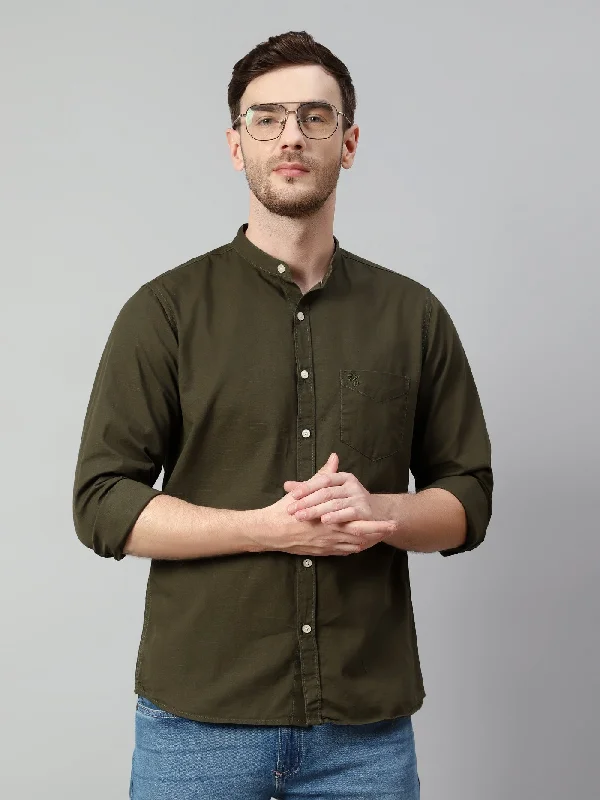 men's classic button-up shirts -Men's Olive Green Casual Plain Full Sleeve Shirt