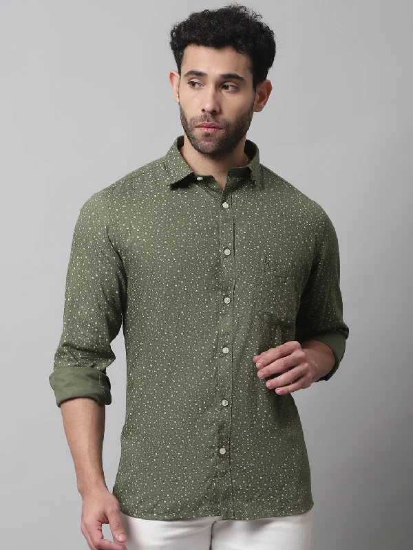 men's denim shirts -Men's Olive Green Casual Floral Print Full Sleeve Shirt