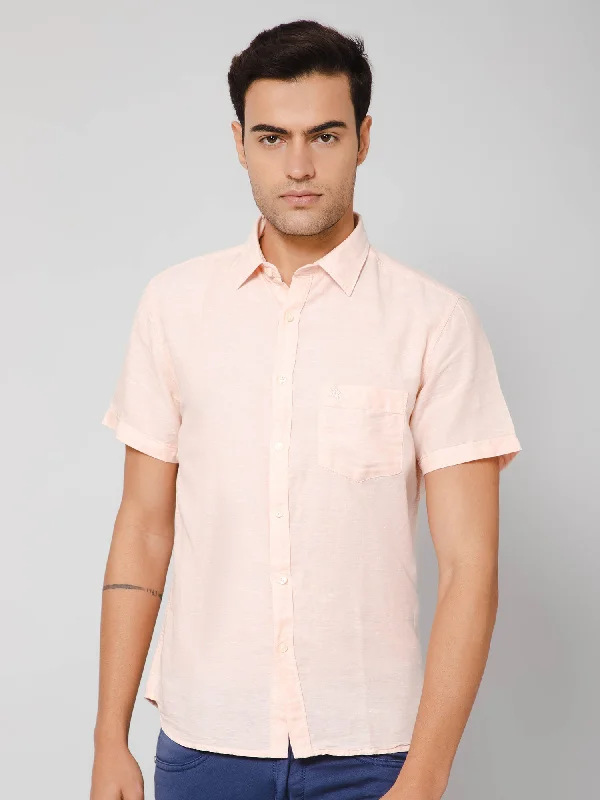 men's short-sleeve button-up shirts -Men's Light Peach Casual Plain Half Sleeve Shirt