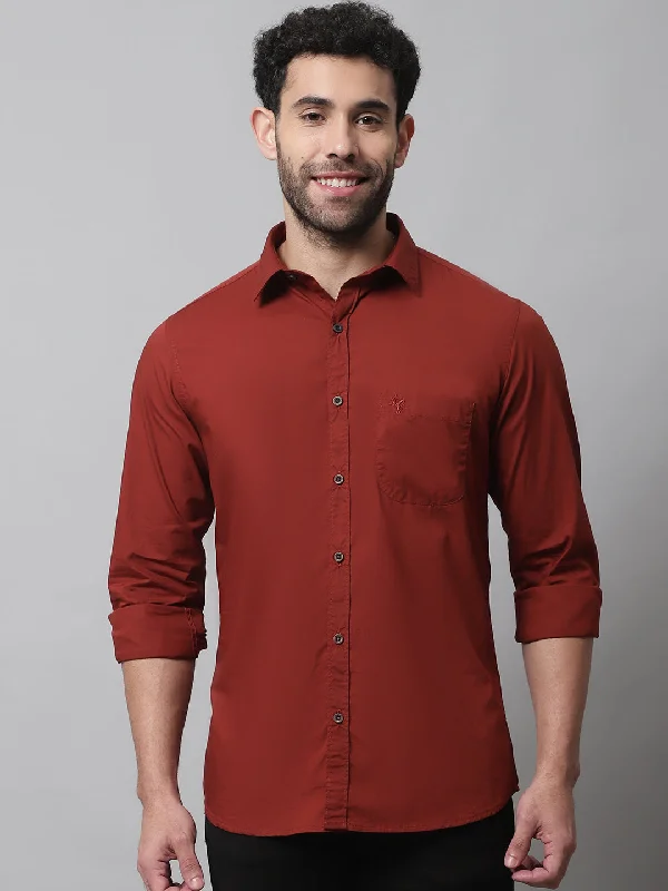 men's fitted shirts -Men's Rust Casual Plain Stretch Full Sleeve Shirt