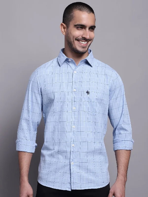 men's plaid checkered shirts -Men's Light Blue Casual Medium Checks Full Sleeve Shirt