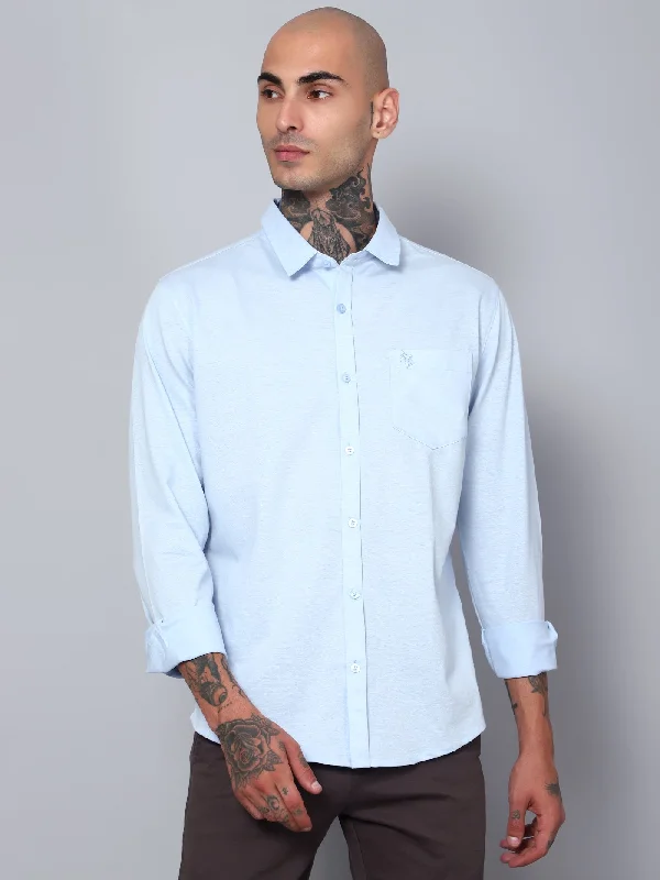 men's summer shirts -Men's Light Blue Casual Knit Jersey Full Sleeve Shirt