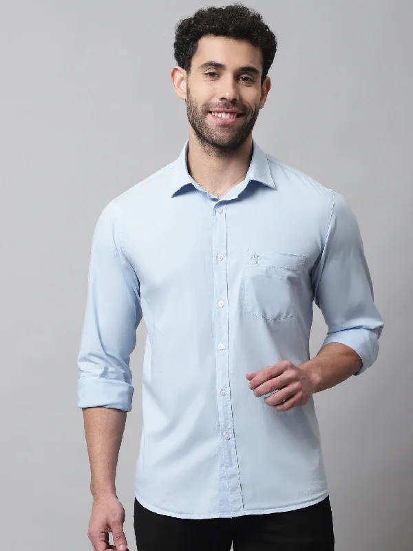 men's button-down shirts for casual wear -Men's Sky Blue Casual Plain Stretch Full Sleeve Shirt