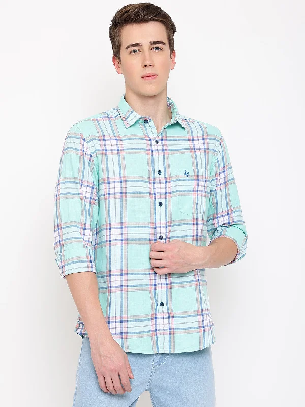 men's fashionable shirts for work -Men's Aqua Green Casual Big Checks Full Sleeve Shirt