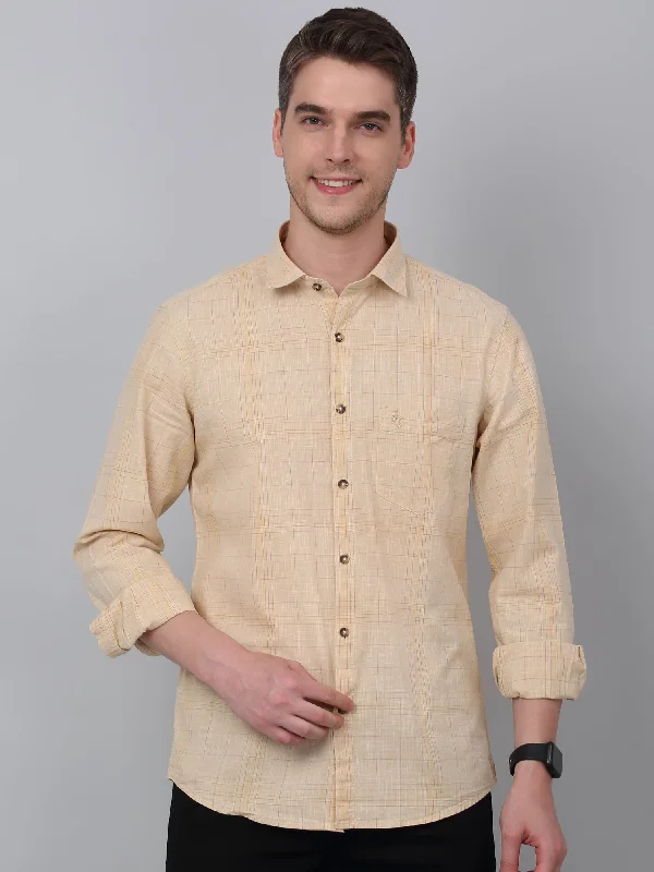 men's performance shirts -Men's Beige Casual Big Checks Full Sleeve Shirt