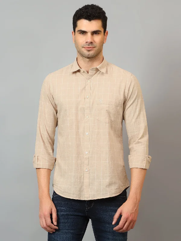 men's everyday business shirts -Men's Beige Casual Medium Checks Full Sleeve Shirt