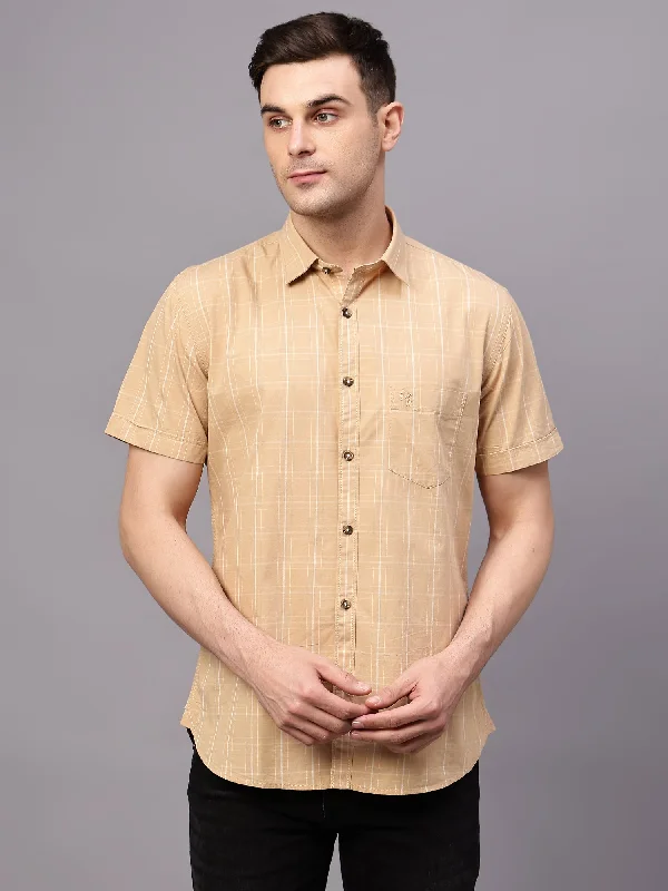 men's slim-fit shirts -Men's Beige Casual Medium Checks Half sleeve Shirt