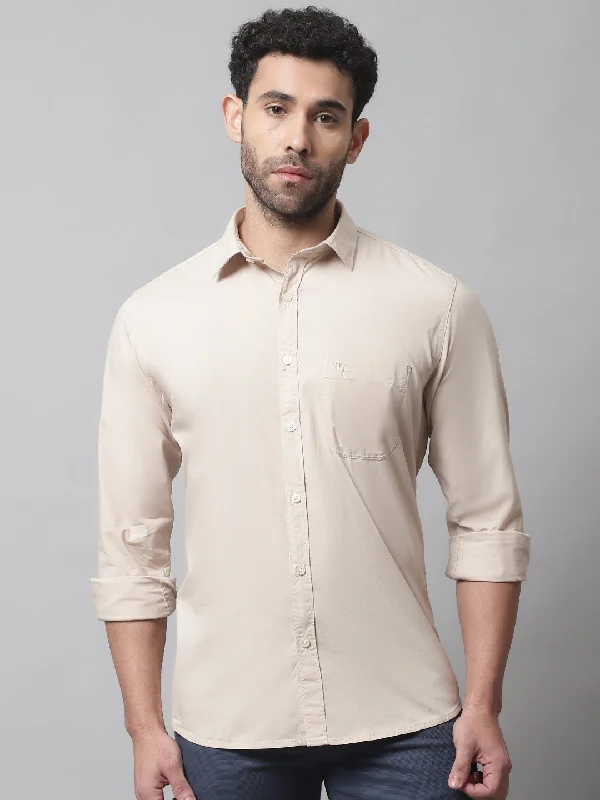 men's premium shirts -Men's Beige Casual Plain Stretch Full Sleeve Shirt