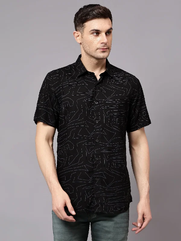 men's embroidered shirts -Men's Black Casual Geometric Print Half sleeve Shirt