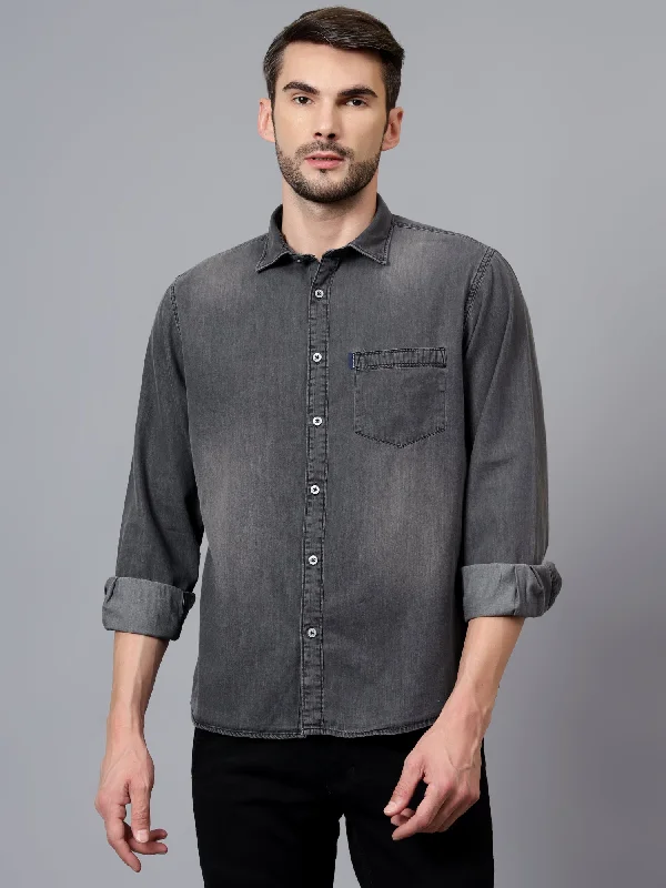 men's versatile button-up shirts -Men's Black Casual Denim Full Sleeve Shirt