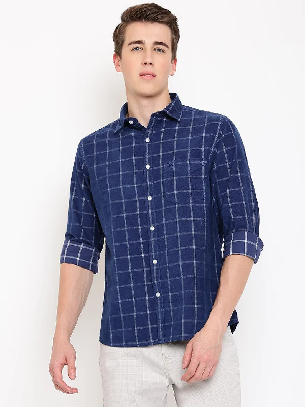 men's patterned shirts -Men's Navy Blue Casual Medium Checks Print Corduroy Full Sleeve Shirt