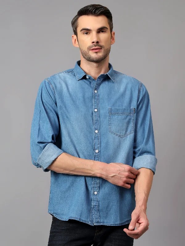 men's stylish business shirts -Men's Blue  Casual Denim Full Sleeve Shirt